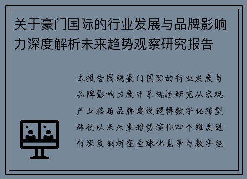 关于豪门国际的行业发展与品牌影响力深度解析未来趋势观察研究报告
